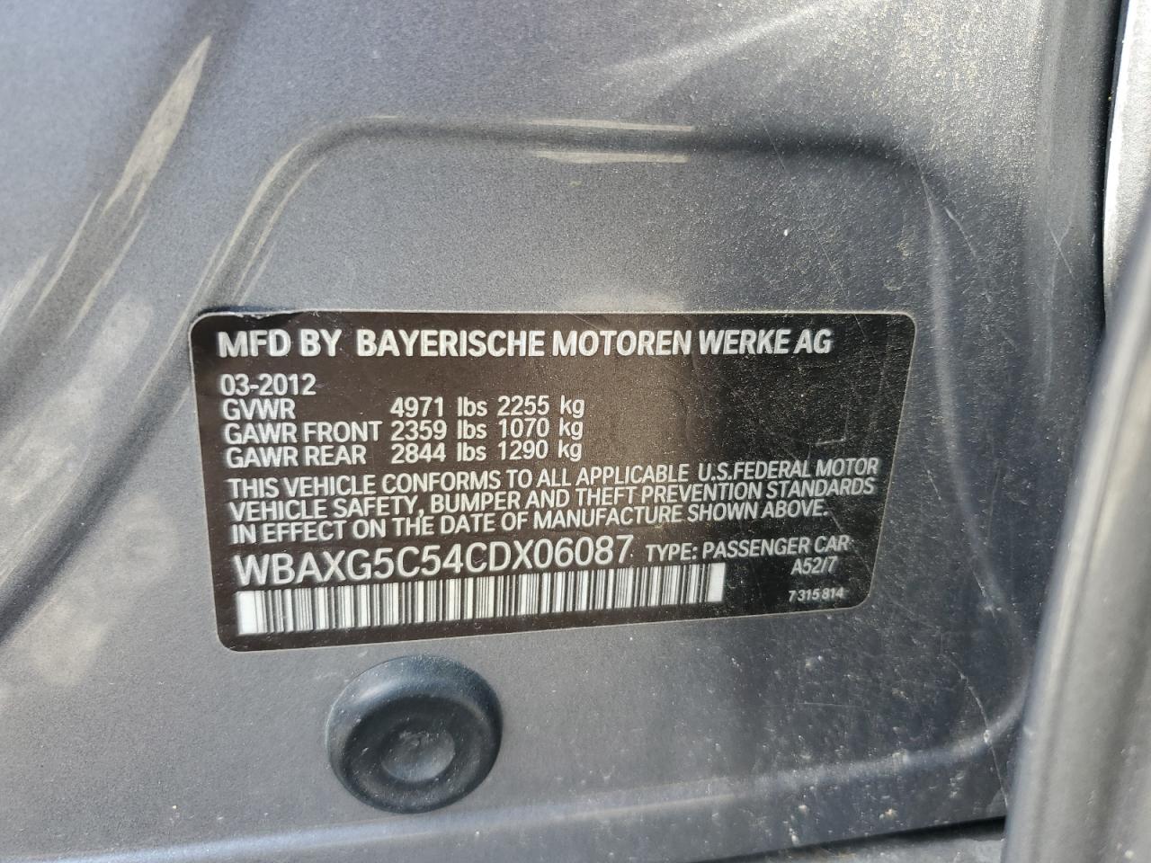 2012 BMW 528 I VIN: WBAXG5C54CDX06087 Lot: 61363855