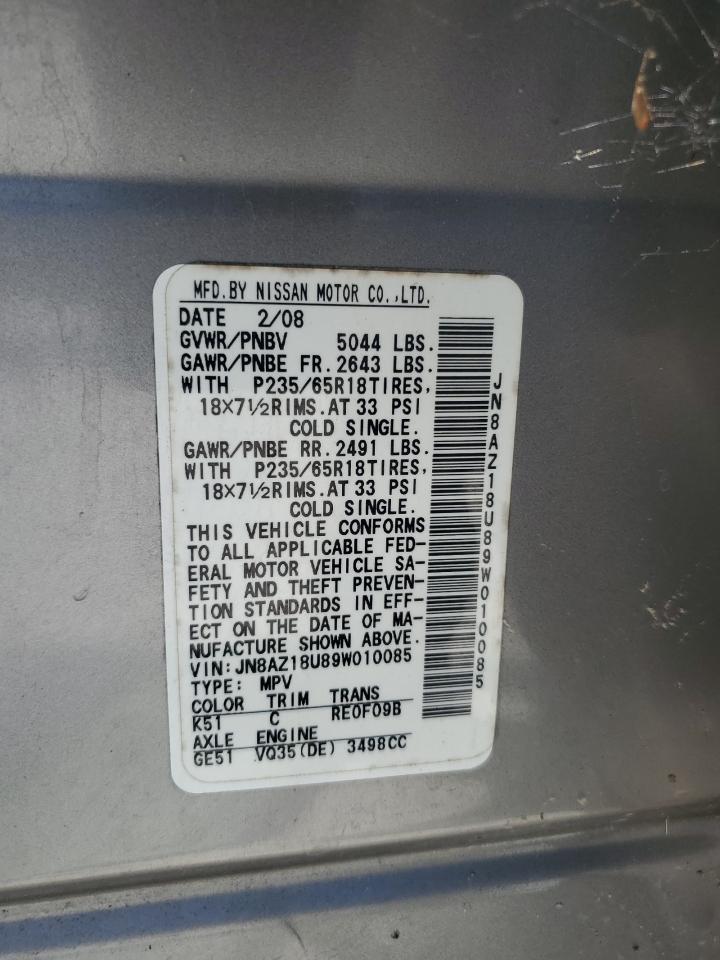 2009 Nissan Murano S VIN: JN8AZ18U89W010085 Lot: 62608865