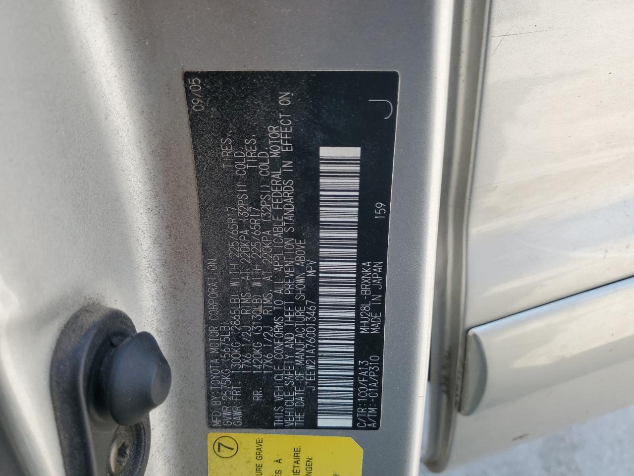 2006 Toyota Highlander Hybrid VIN: JTEEW21A760013467 Lot: 62301855