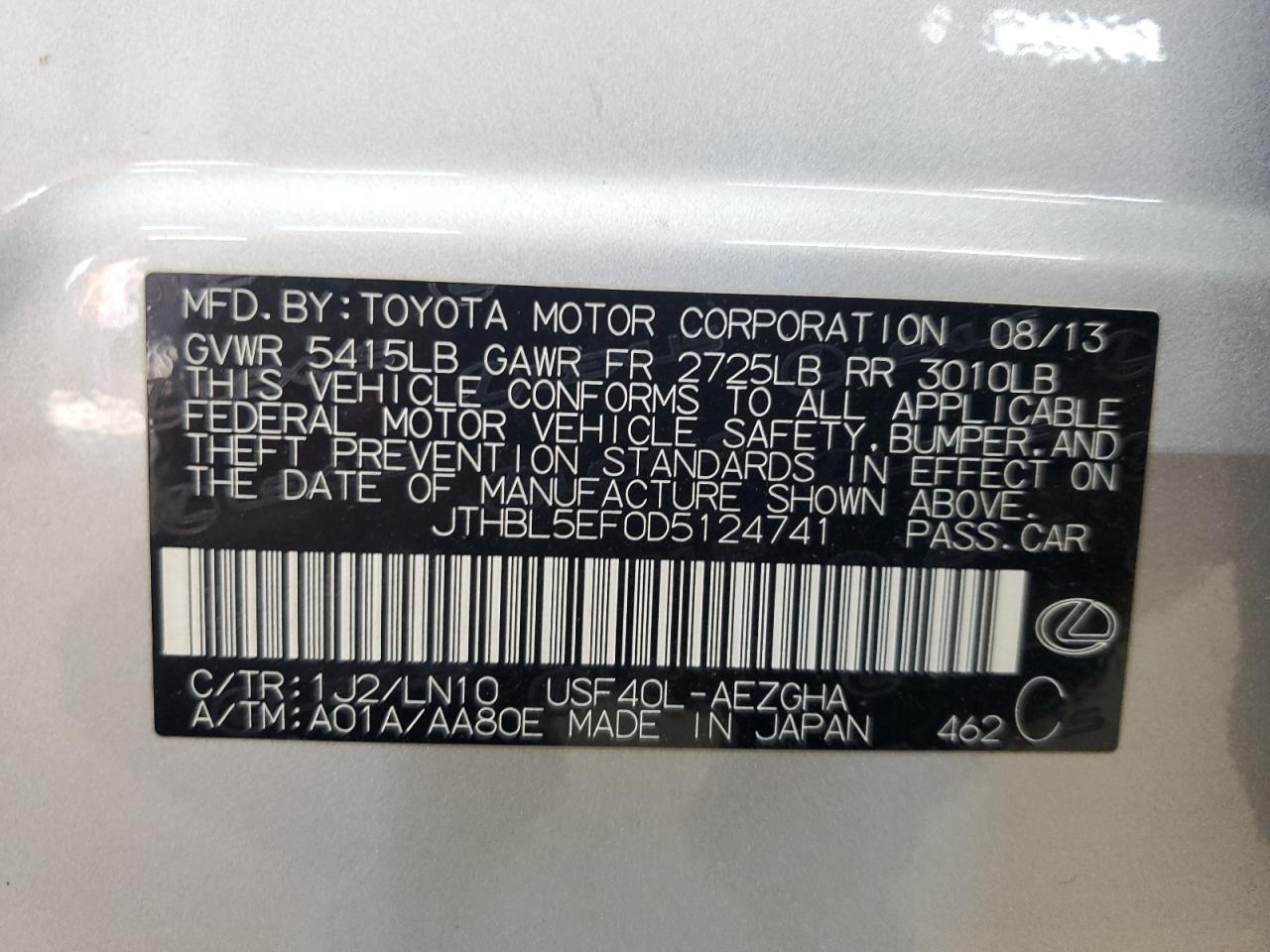 2013 Lexus Ls 460 VIN: JTHBL5EF0D5124741 Lot: 61571985