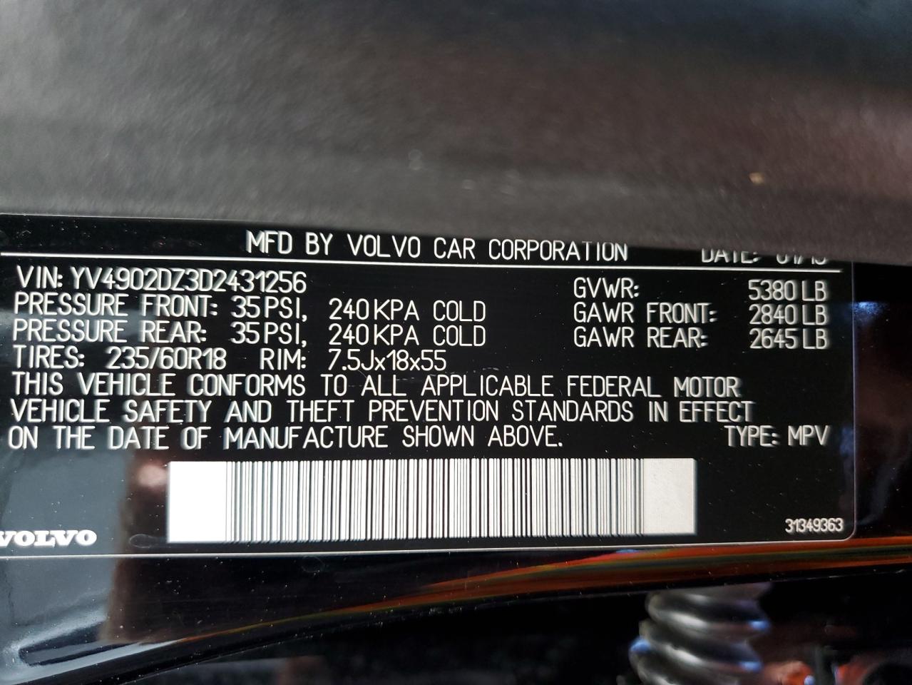 2013 Volvo Xc60 T6 VIN: YV4902DZ3D2431256 Lot: 61254385