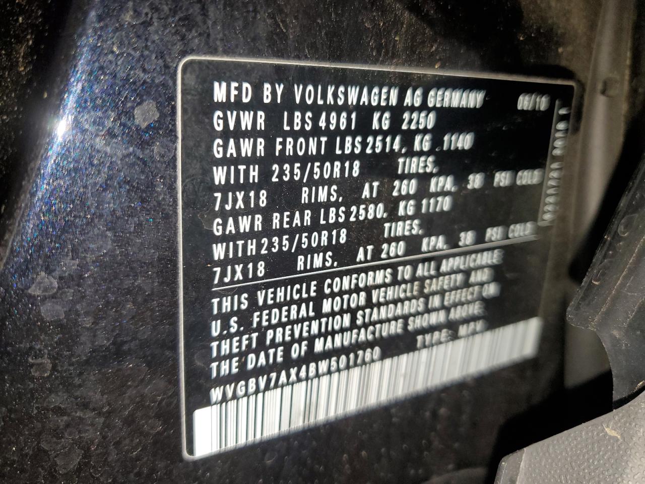 2011 Volkswagen Tiguan S VIN: WVGBV7AX4BW501760 Lot: 61918245