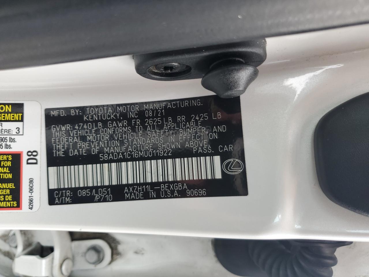 2021 Lexus Es 300H VIN: 58ADA1C16MU011922 Lot: 62385085
