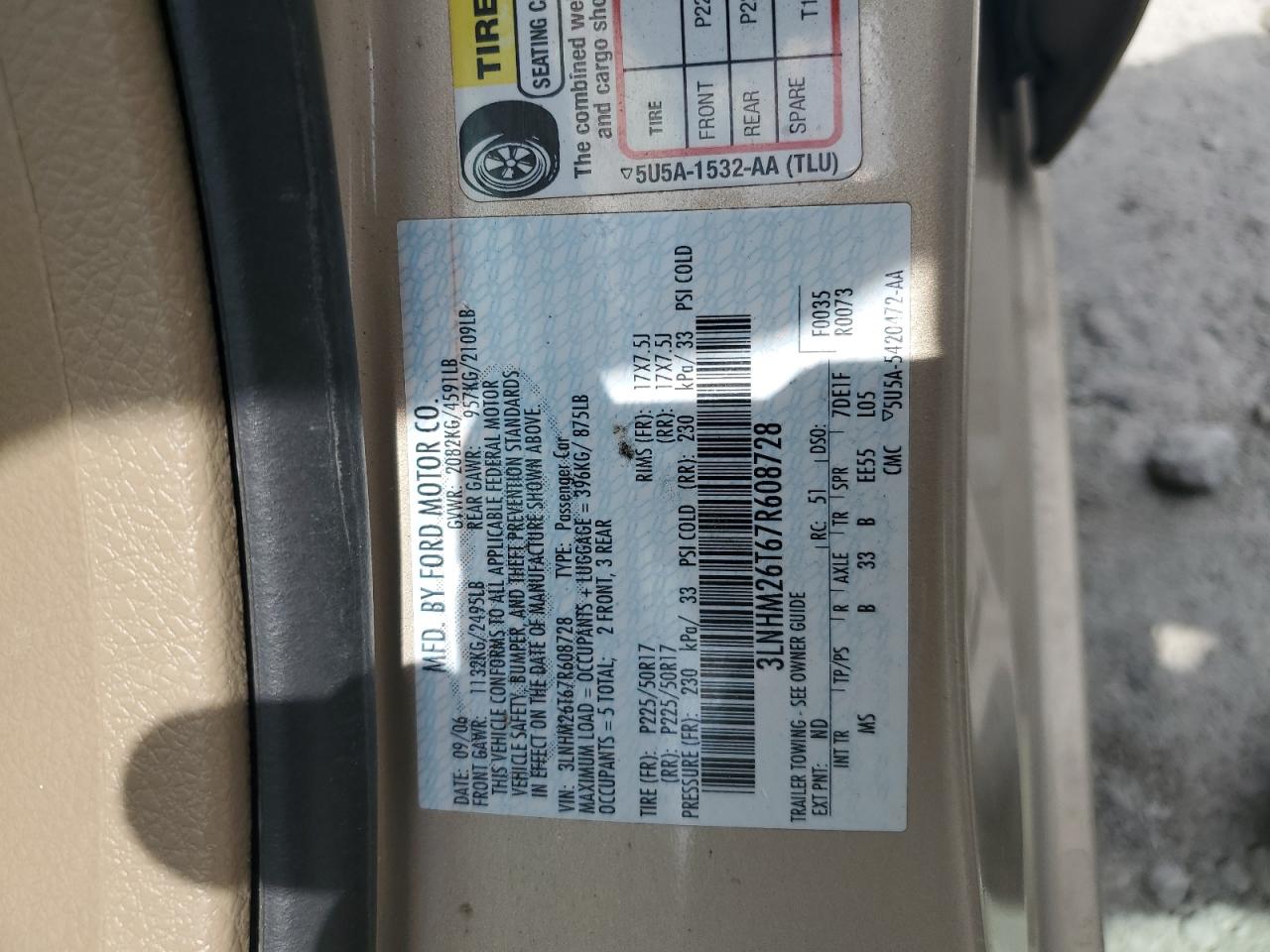 2007 Lincoln Mkz VIN: 3LNHM26T67R608728 Lot: 61432465