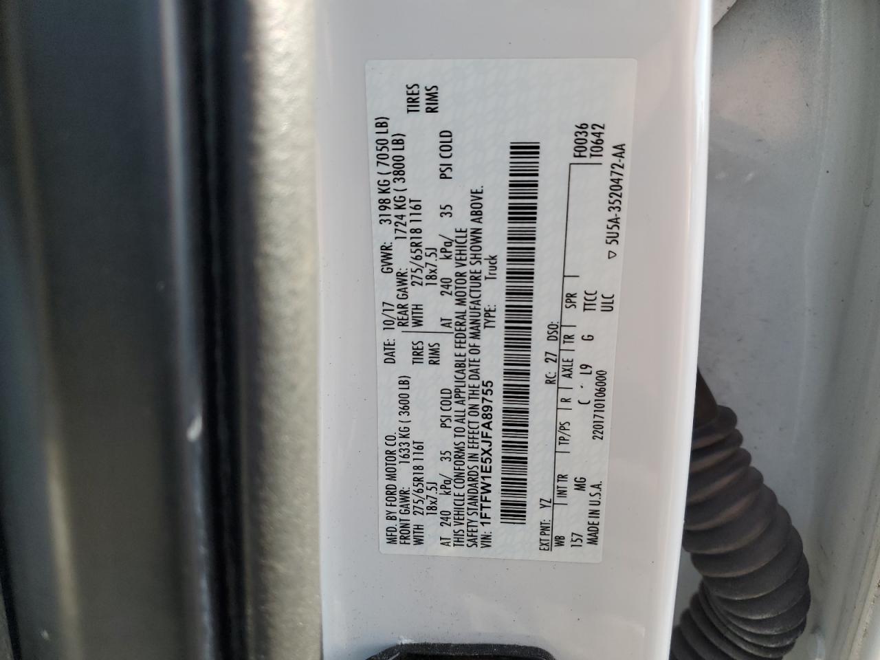 2018 Ford F150 Supercrew VIN: 1FTFW1E5XJFA89755 Lot: 61631995