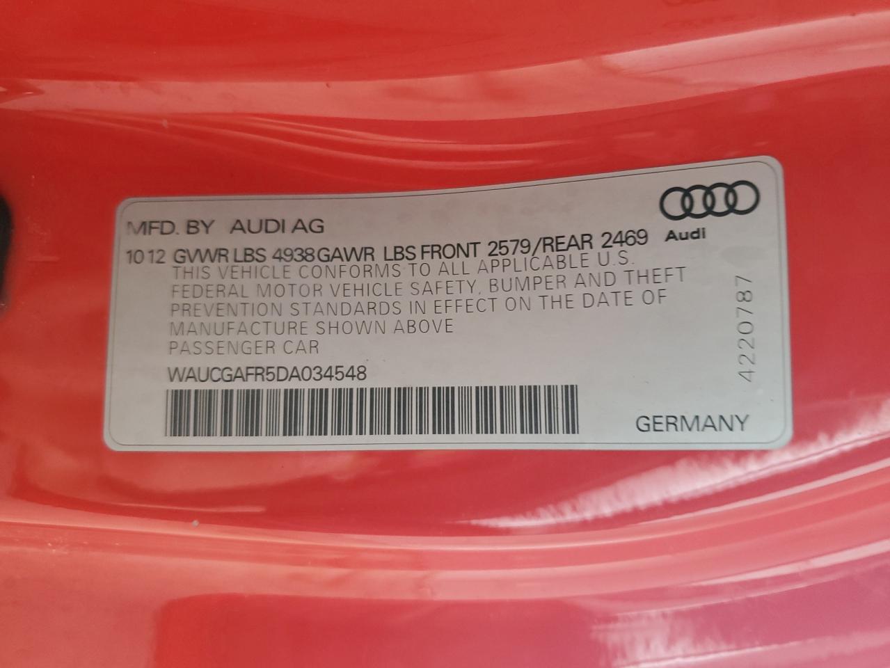 2013 Audi S5 Premium Plus VIN: WAUCGAFR5DA034548 Lot: 60613335