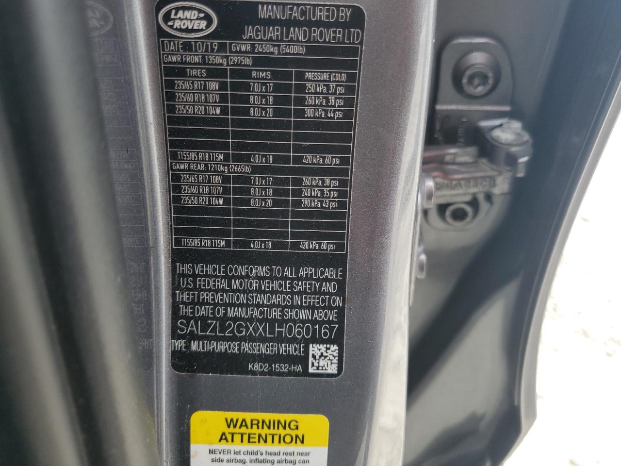 2020 Land Rover Range Rover Evoque Se VIN: SALZL2GXXLH060167 Lot: 59158505
