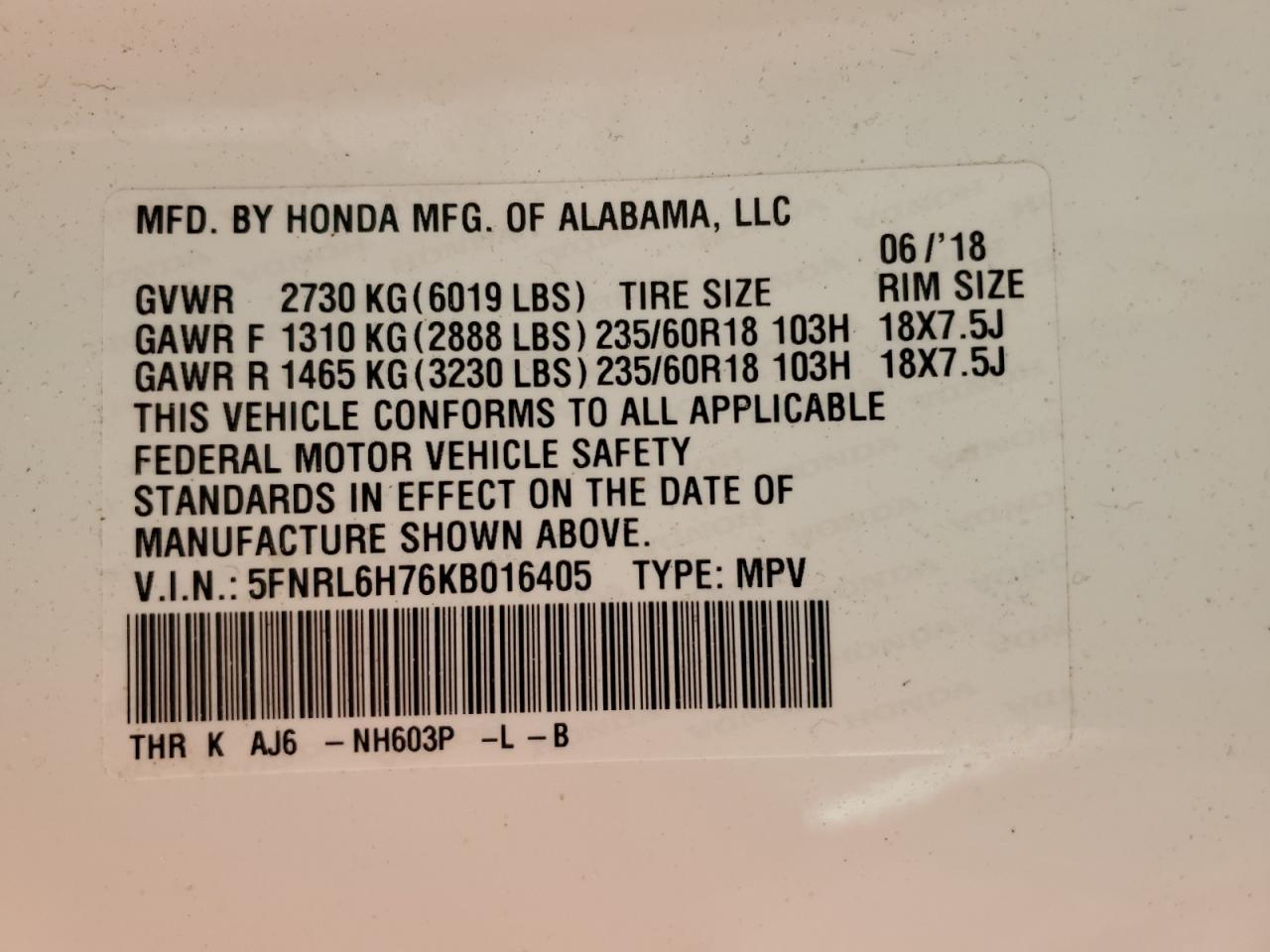 HONDA All Models 2019 VIN 5FNRL6H76KB016405 photo 13