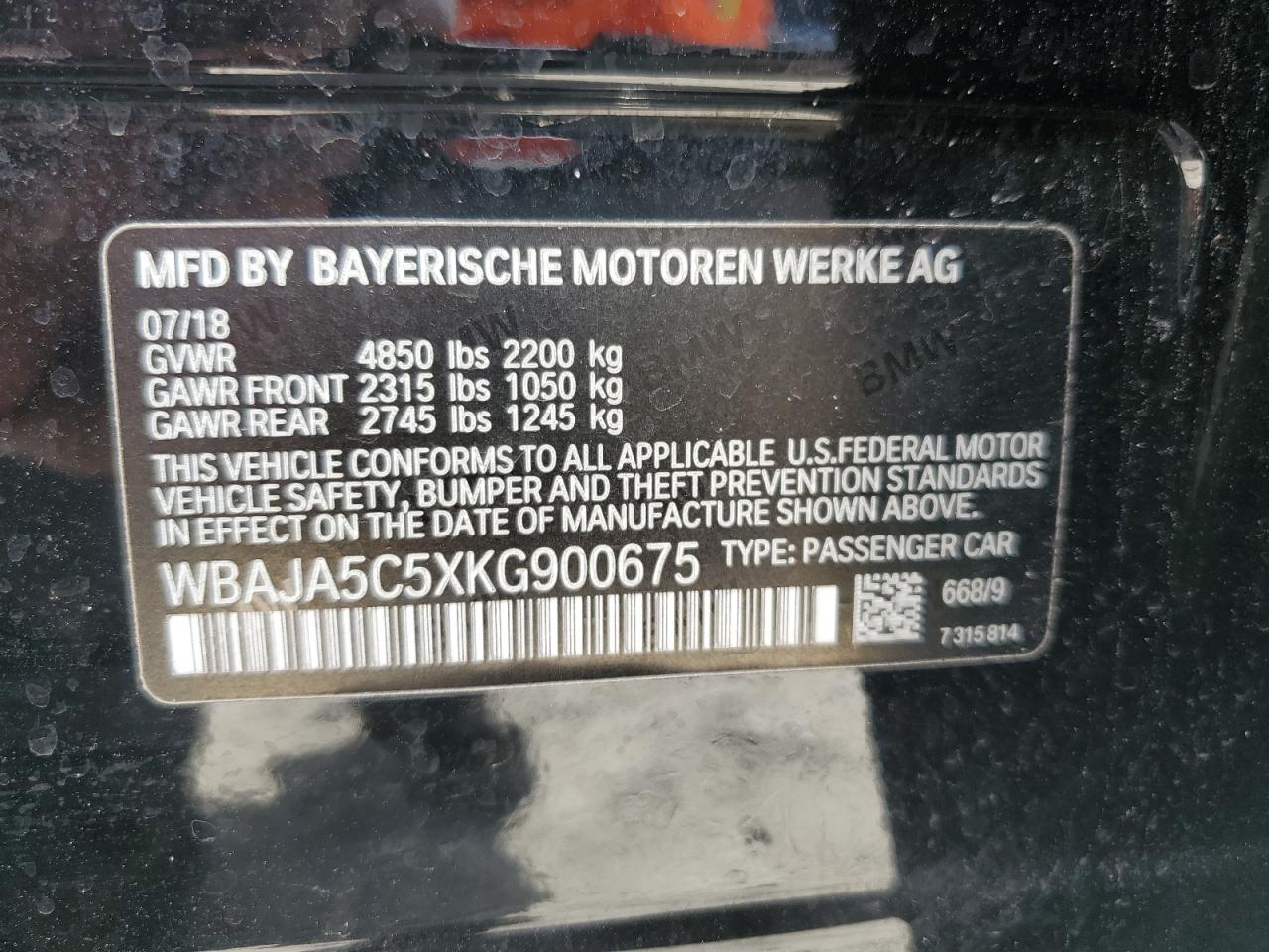 2019 BMW 530 I VIN: WBAJA5C5XKG900675 Lot: 59900135