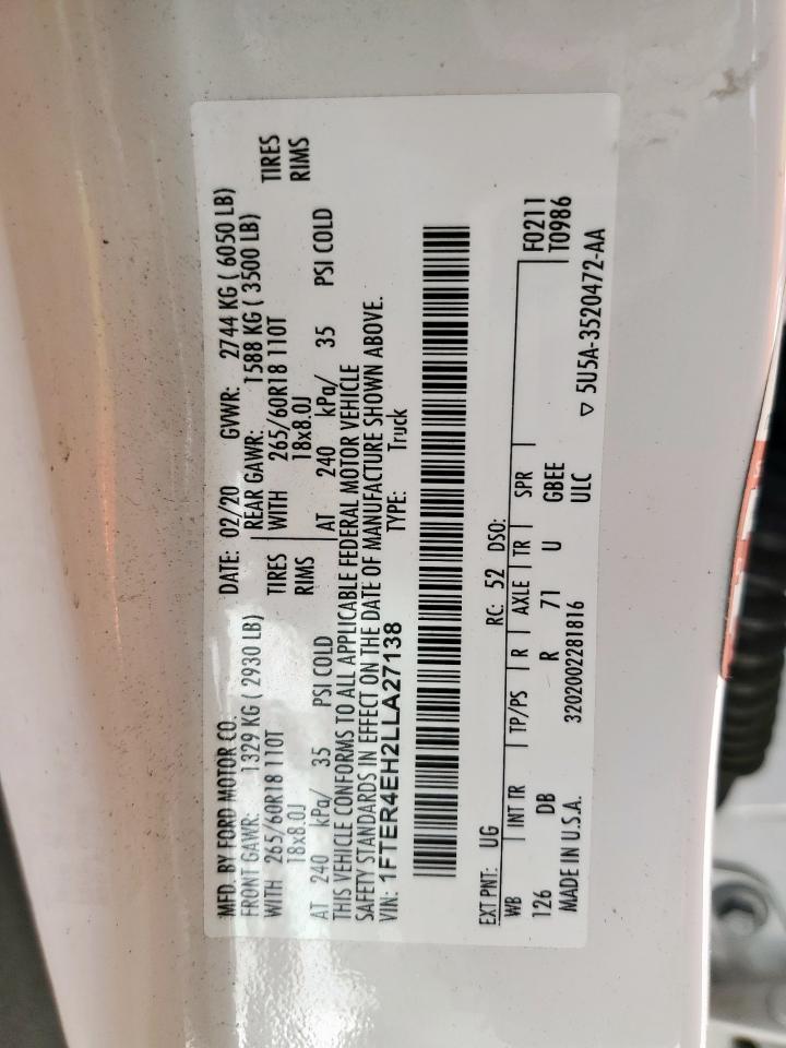 2020 Ford Ranger Xl VIN: 1FTER4EH2LLA27138 Lot: 62035475