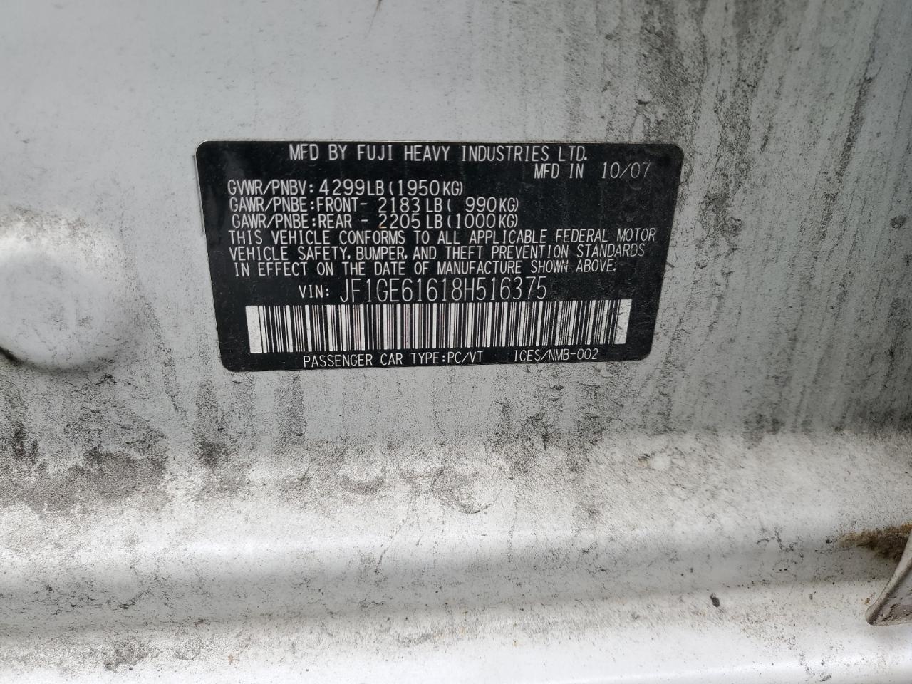 2008 Subaru Impreza 2.5I VIN: JF1GE61618H516375 Lot: 61179515