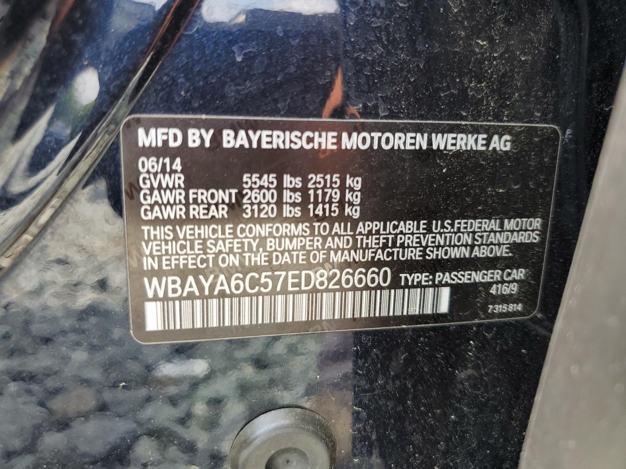 2014 BMW 740 I VIN: WBAYA6C57ED826660 Lot: 59566945