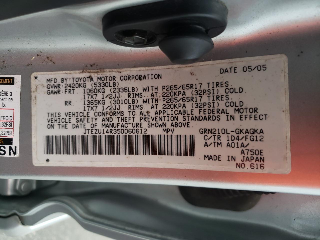 2005 Toyota 4Runner Sr5 VIN: JTEZU14R350060612 Lot: 61954675