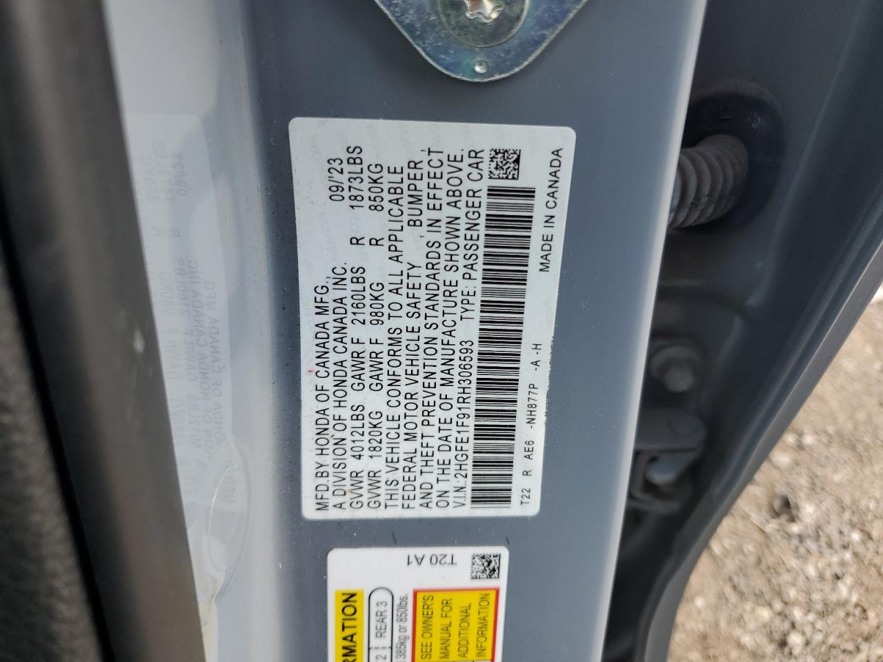 HONDA CIVIC 2024 VIN 2HGFE1F91RH306593 фото 12