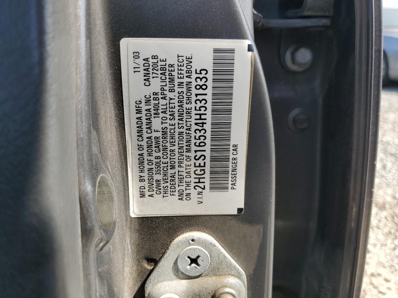 2004 Honda Civic Lx VIN: 2HGES16534H531835 Lot: 62725555