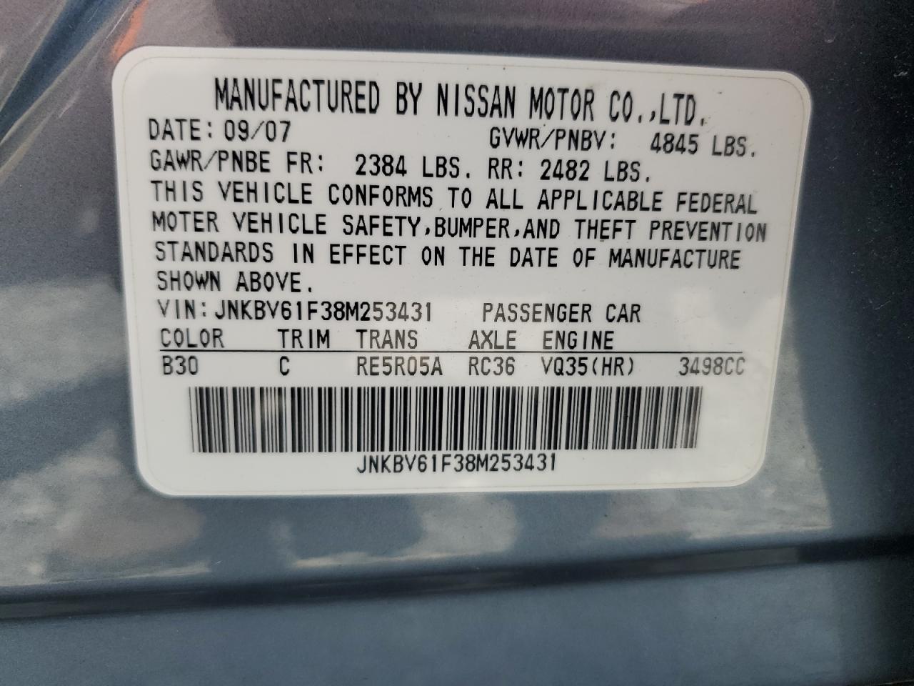 2008 Infiniti G35 VIN: JNKBV61F38M253431 Lot: 62644455