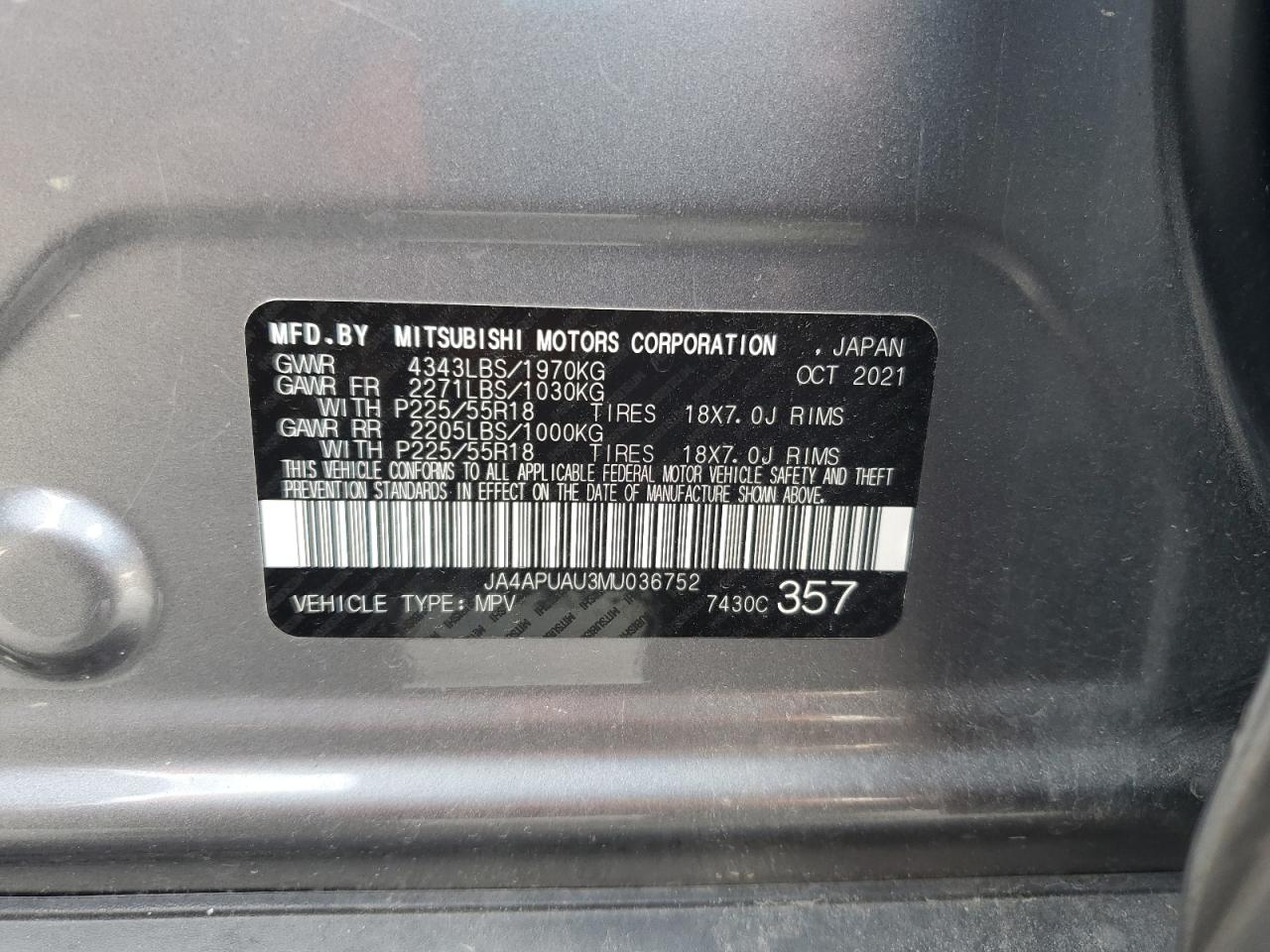 2021 Mitsubishi Outlander Sport Es VIN: JA4APUAU3MU036752 Lot: 61231355
