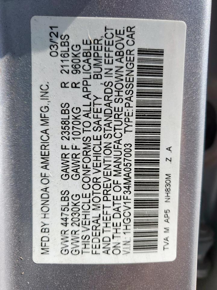 2021 Honda Accord Sport VIN: 1HGCV1F34MA057003 Lot: 63036555