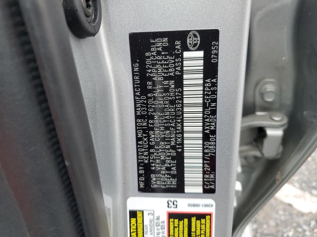 2020 Toyota Camry Xse VIN: 4T1K61AK4LU362175 Lot: 61238795