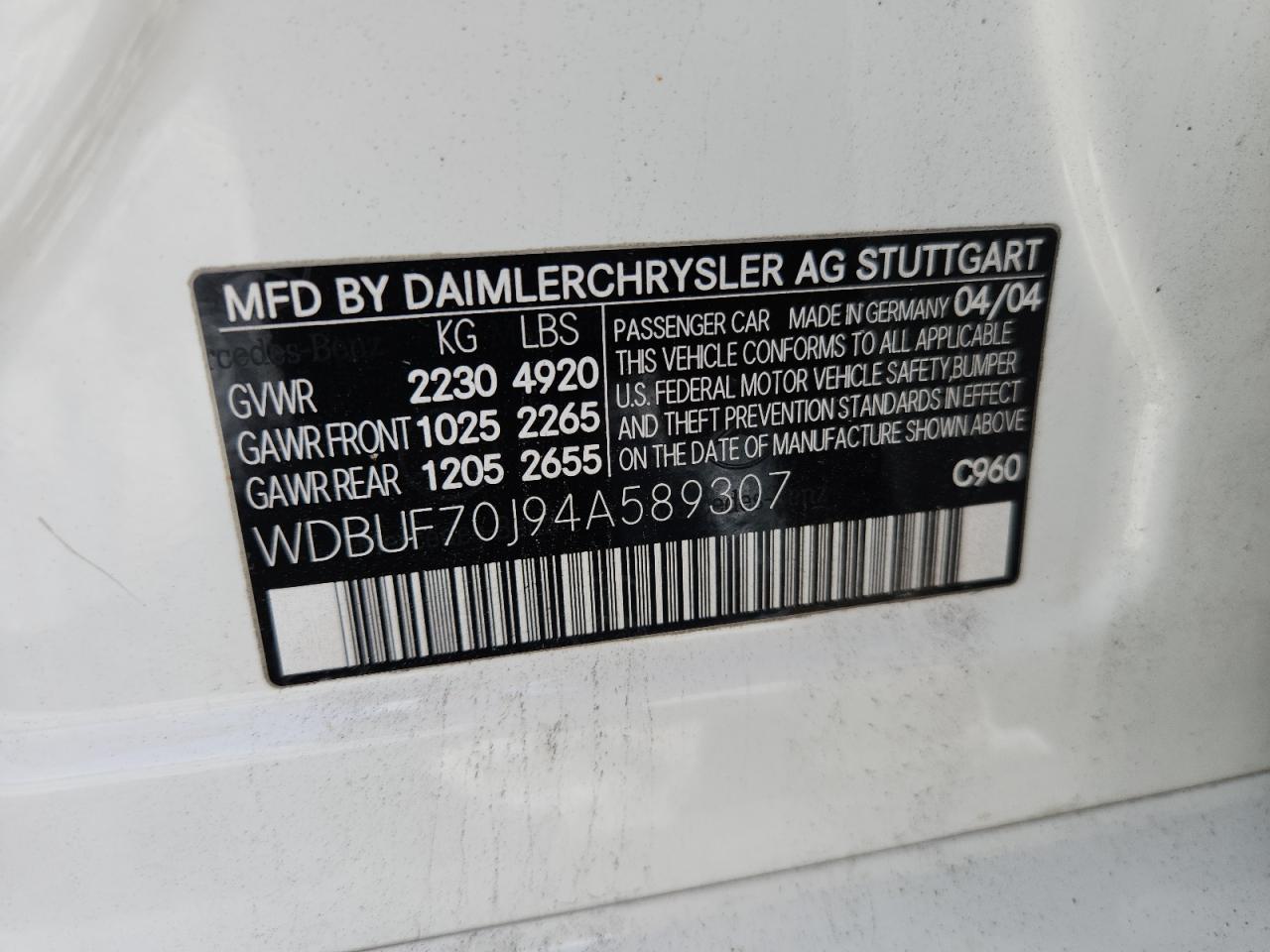 2004 Mercedes-Benz E 500 VIN: WDBUF70J94A589307 Lot: 60223605