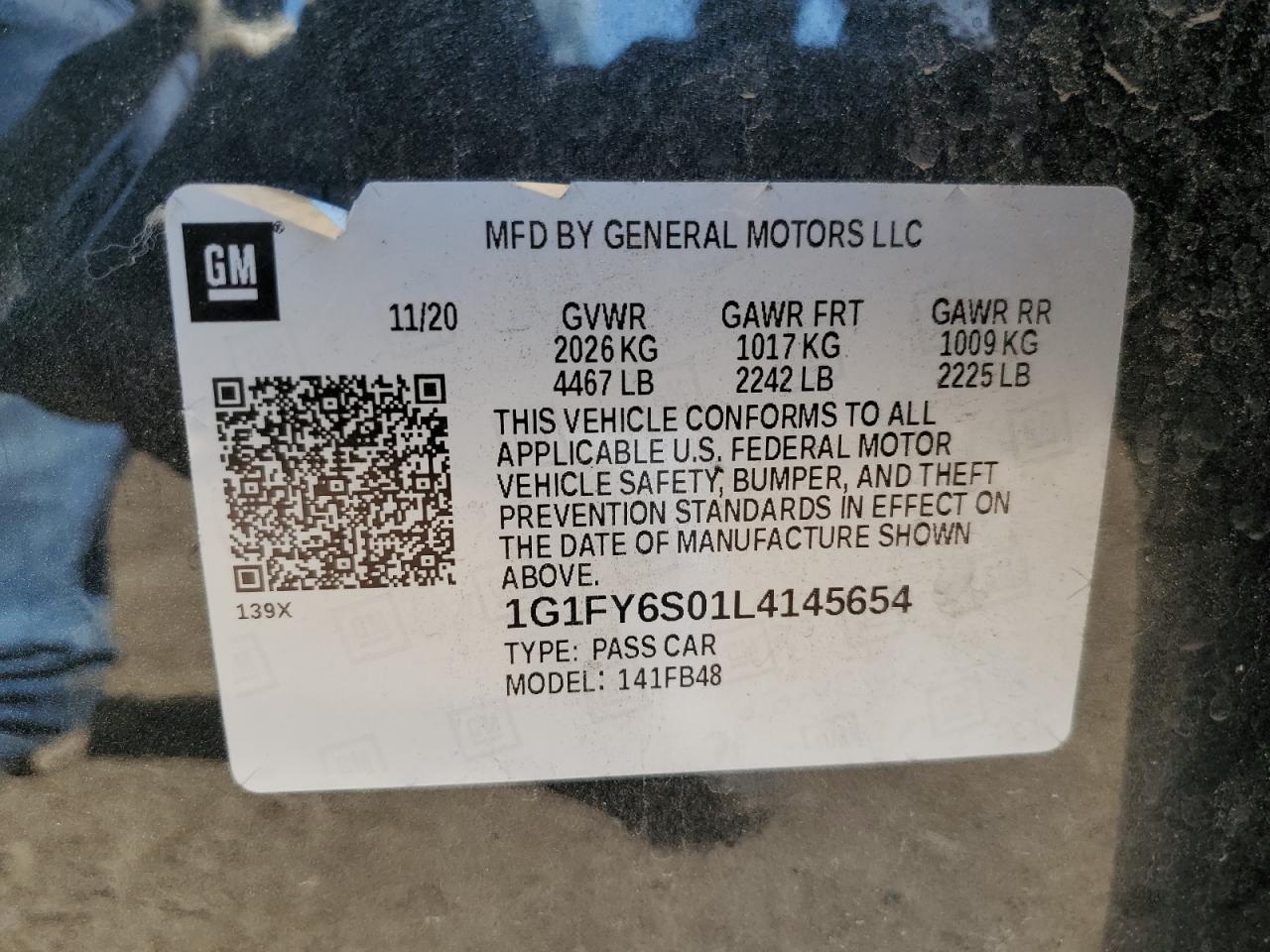 2020 Chevrolet Bolt Ev Lt VIN: 1G1FY6S01L4145654 Lot: 61267185