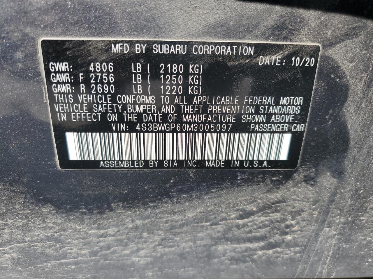 2021 Subaru Legacy Touring Xt VIN: 4S3BWGP60M3005097 Lot: 62138745