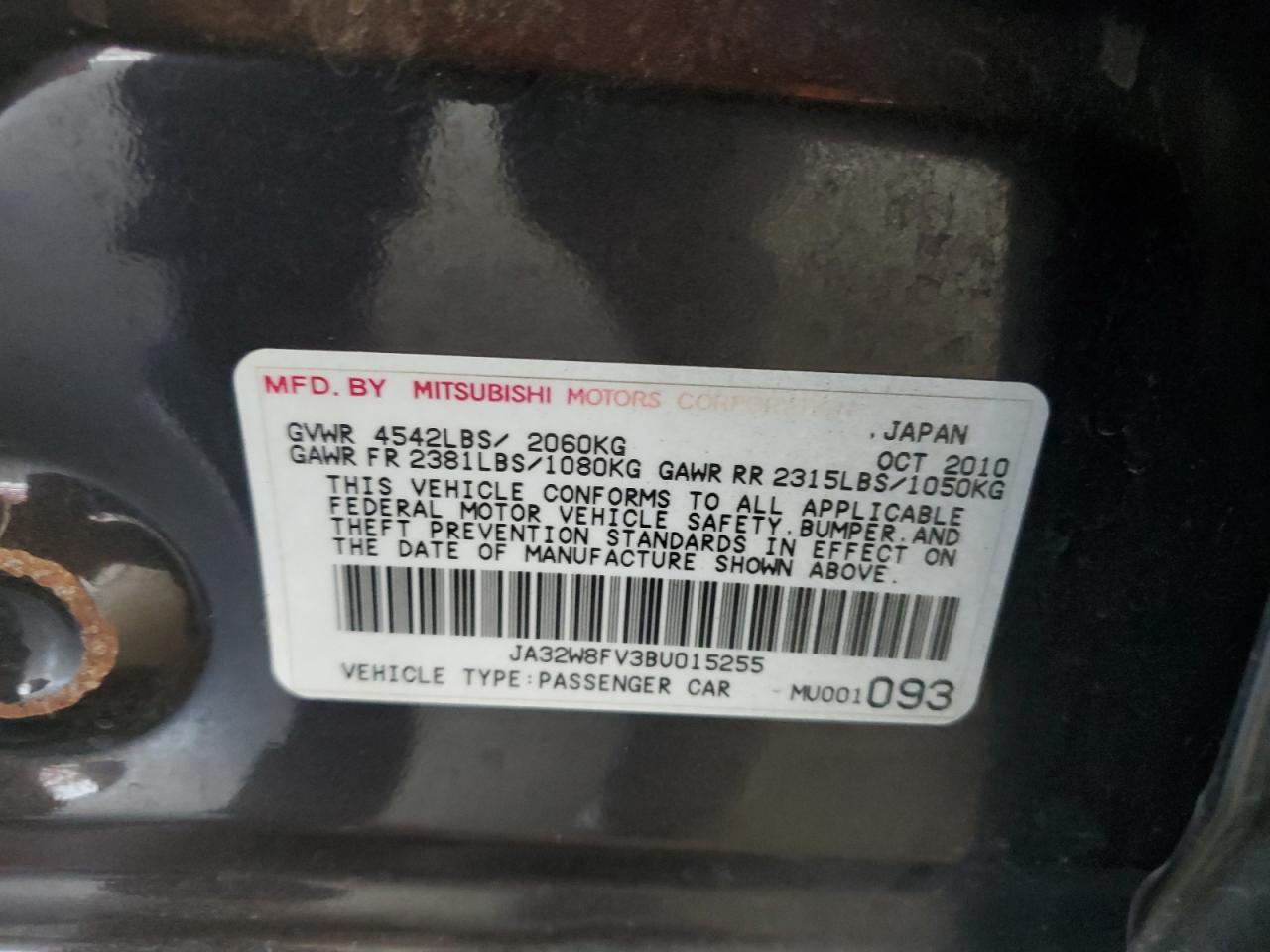 2011 Mitsubishi Lancer Evolution Gsr VIN: JA32W8FV3BU015255 Lot: 61103995