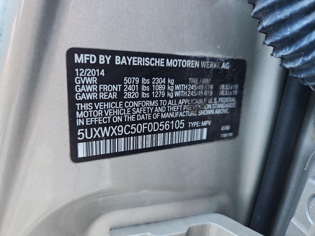 2015 BMW X3 xDrive28I VIN: 5UXWX9C50F0D56105 Lot: 62354615