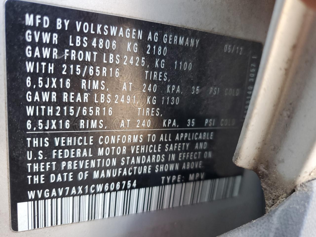 2012 Volkswagen Tiguan S VIN: WVGAV7AX1CW606754 Lot: 60912655