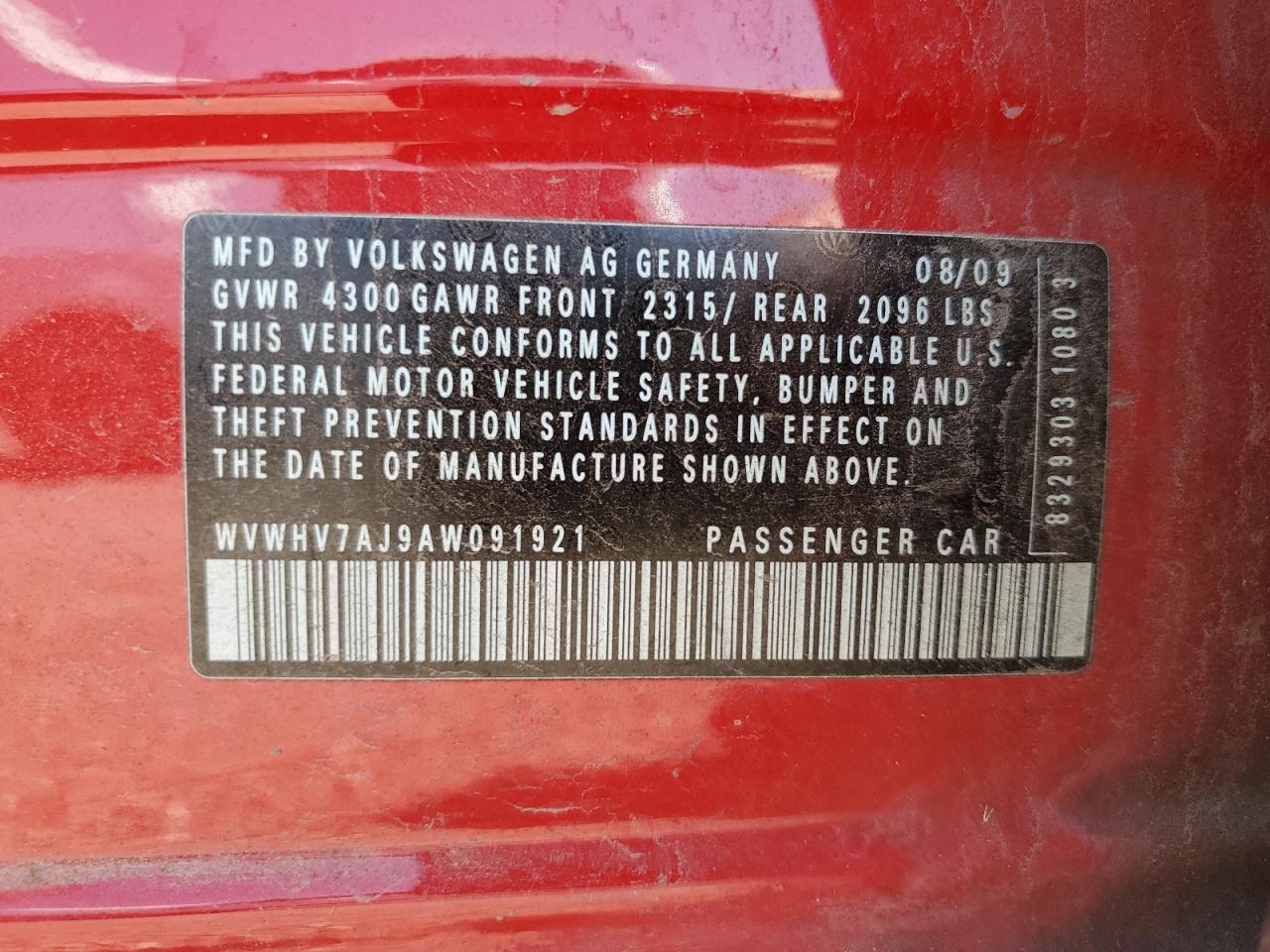 2010 Volkswagen Gti VIN: WVWHV7AJ9AW091921 Lot: 61686135