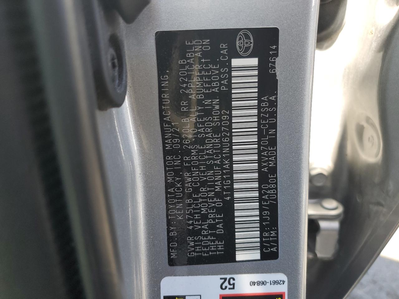 2022 Toyota Camry Se VIN: 4T1G11AK1NU627092 Lot: 62783045