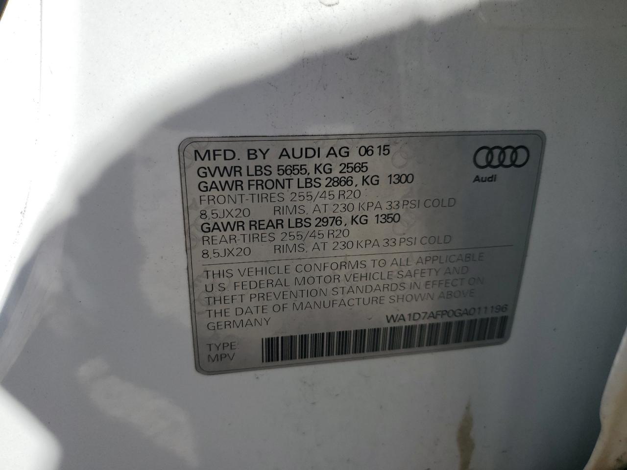 2016 Audi Q5 Premium Plus S-Line VIN: WA1D7AFP0GA011196 Lot: 62983875
