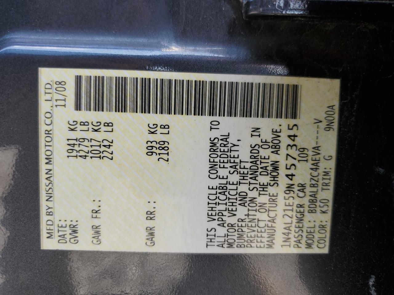 2009 Nissan Altima 2.5 VIN: 1N4AL21E59N457345 Lot: 62524115