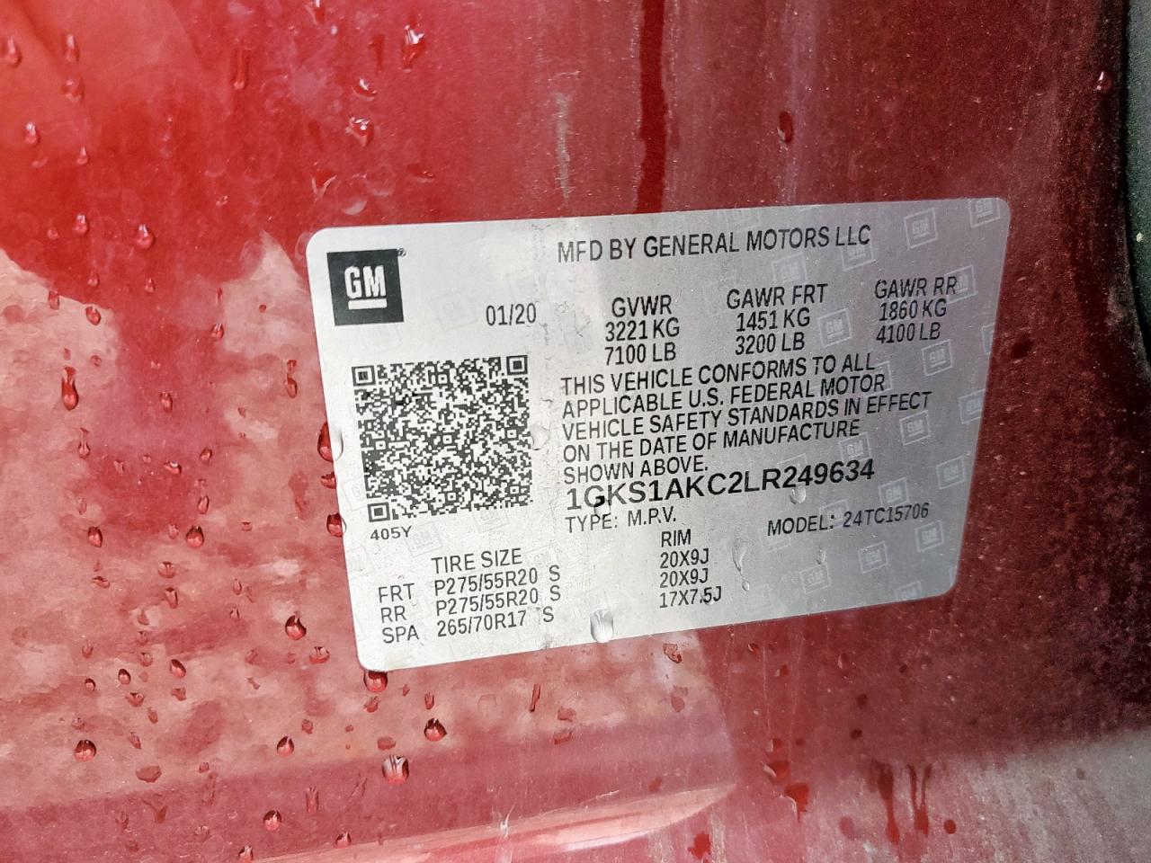 2020 GMC Yukon Sle VIN: 1GKS1AKC2LR249634 Lot: 60111515