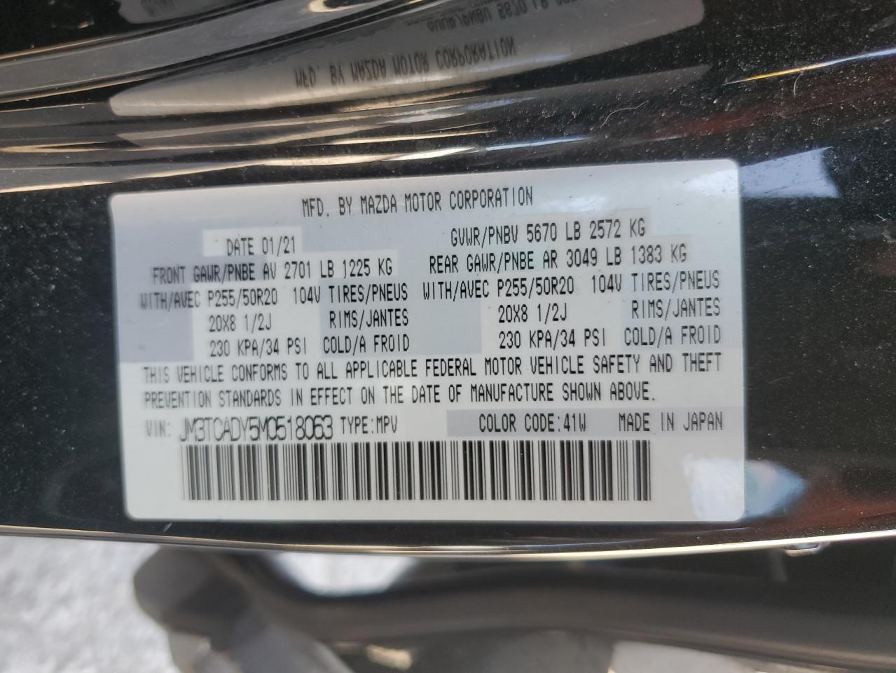 2021 Mazda Cx-9 Grand Touring VIN: JM3TCADY5M0518063 Lot: 61696065