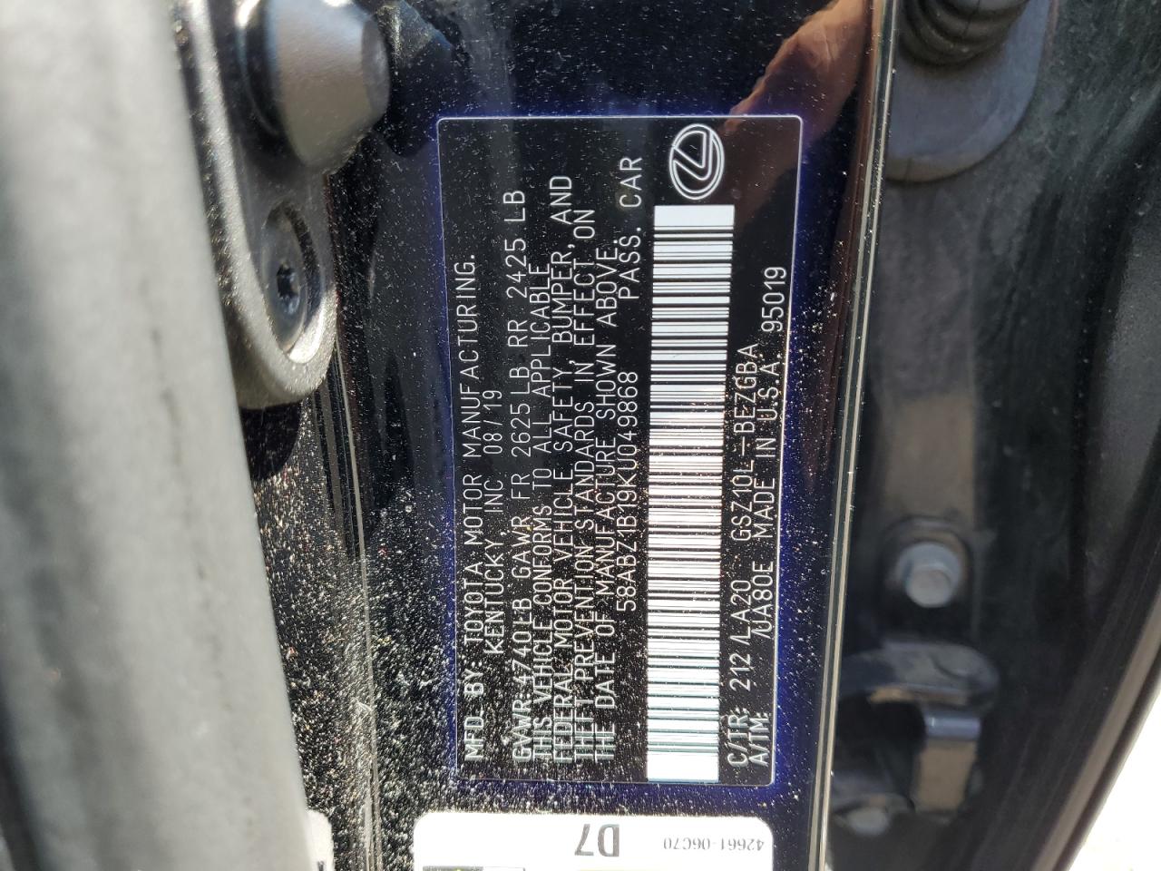 2019 Lexus Es 350 VIN: 58ABZ1B19KU049868 Lot: 61072615