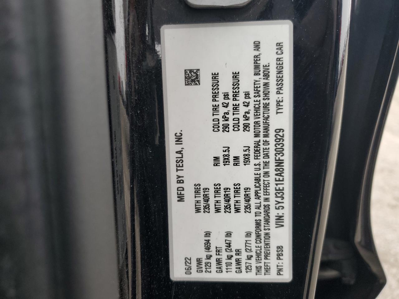 2022 Tesla Model 3 VIN: 5YJ3E1EA8NF303929 Lot: 59785375