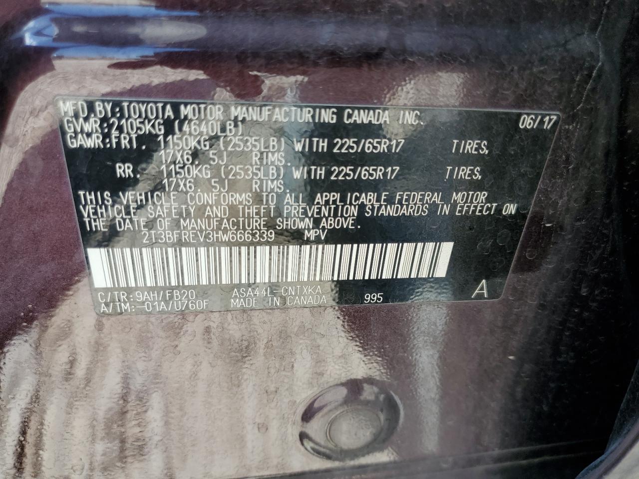 2017 Toyota Rav4 Le VIN: 2T3BFREV3HW666339 Lot: 62769585