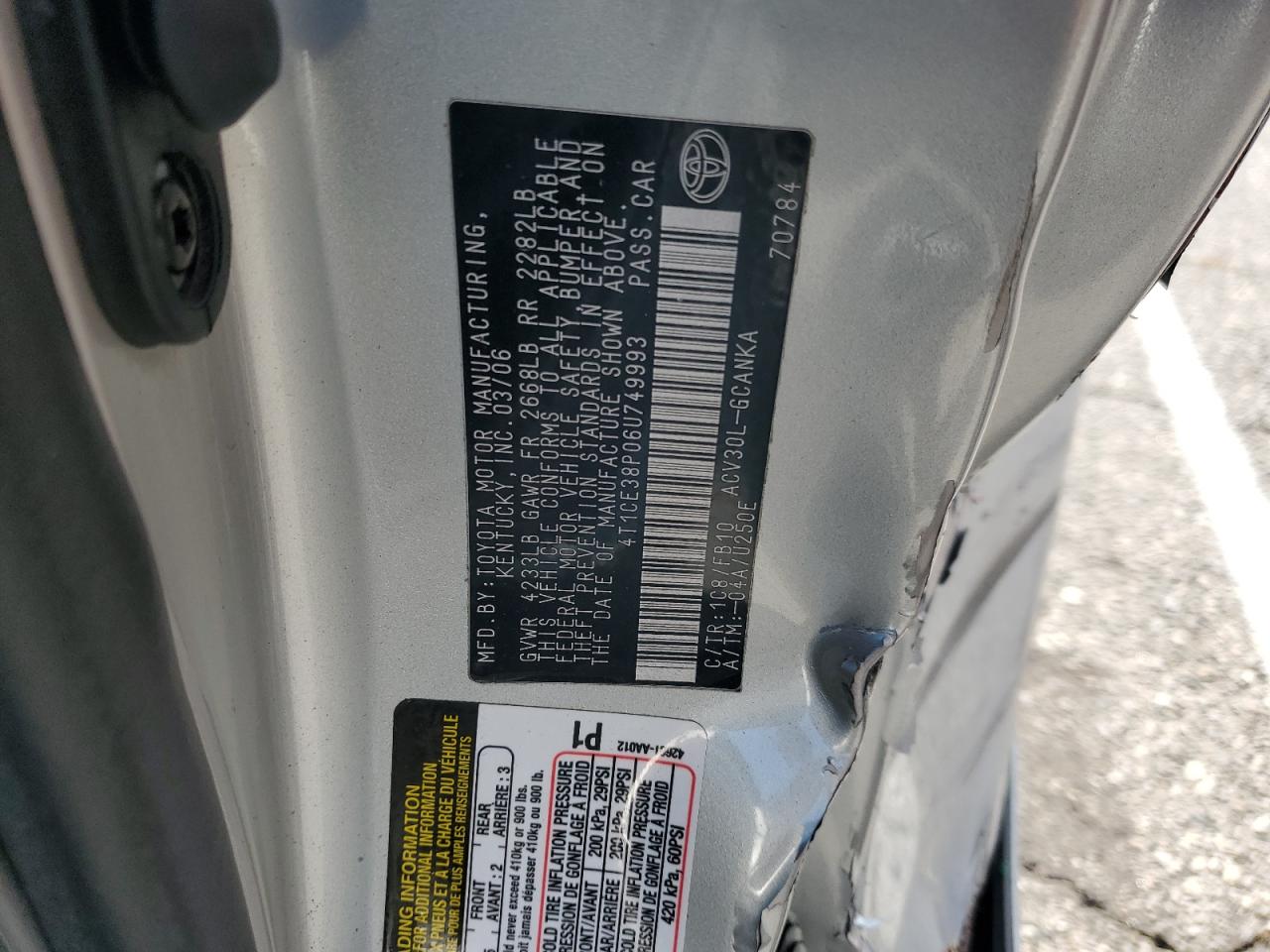 2006 Toyota Camry Solara Se VIN: 4T1CE38P06U749993 Lot: 62883415