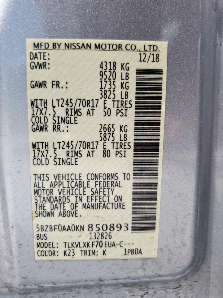 2019 Nissan Nv 3500 VIN: 5BZBF0AA0KN850893 Lot: 60557695