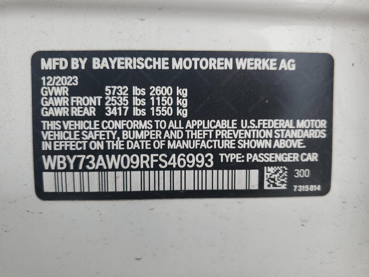 2024 BMW I4 Edrive 40 VIN: WBY73AW09RFS46993 Lot: 61943455