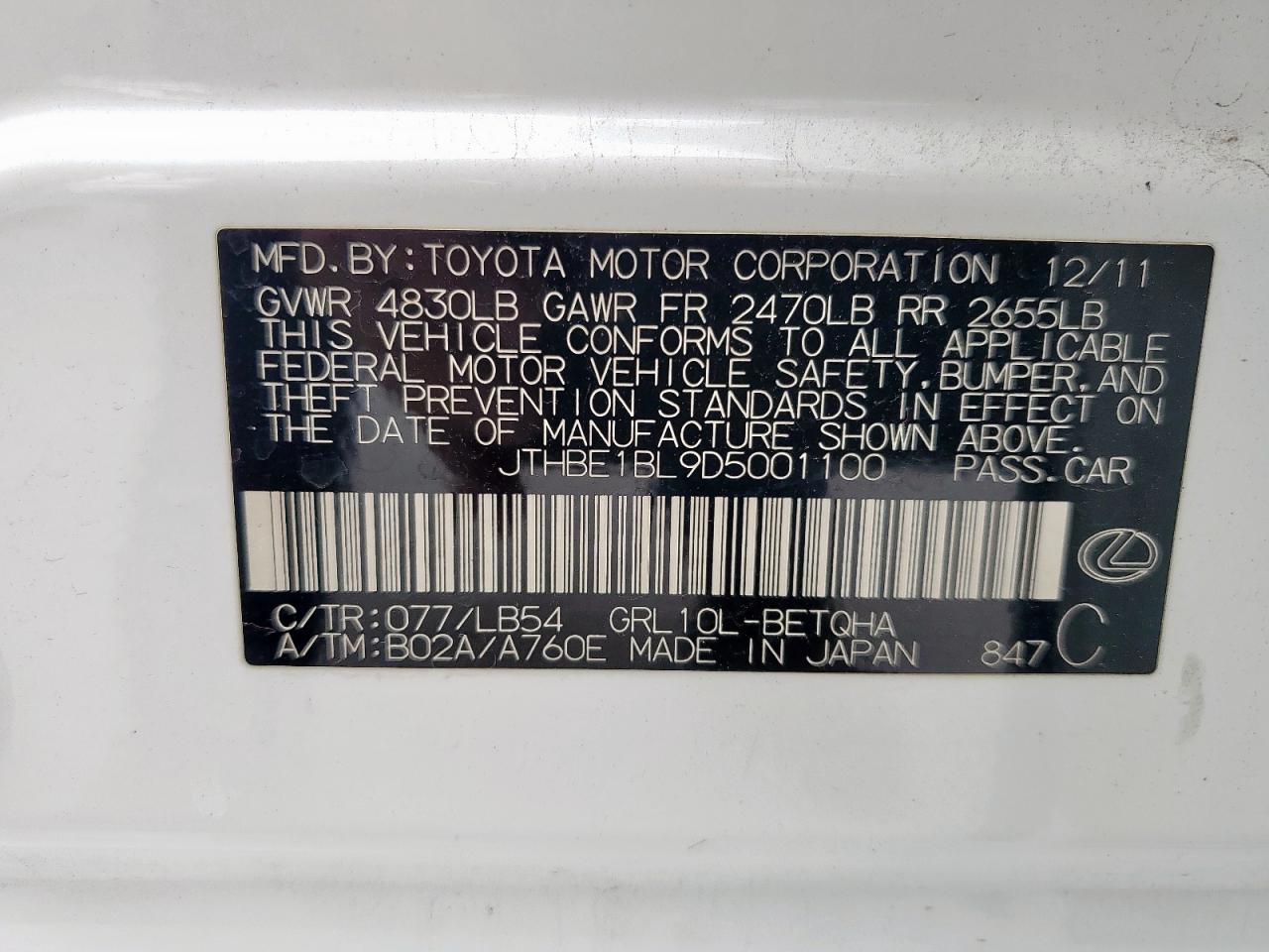 2013 Lexus Gs 350 VIN: JTHBE1BL9D5001100 Lot: 61871285