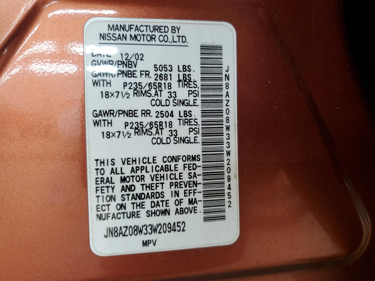 2003 Nissan Murano Sl VIN: JN8AZ08W33W209452 Lot: 61578005