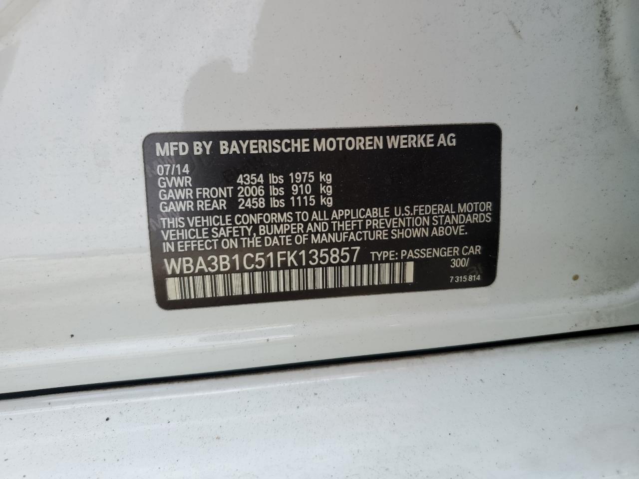 2015 BMW 320 I VIN: WBA3B1C51FK135857 Lot: 65315595