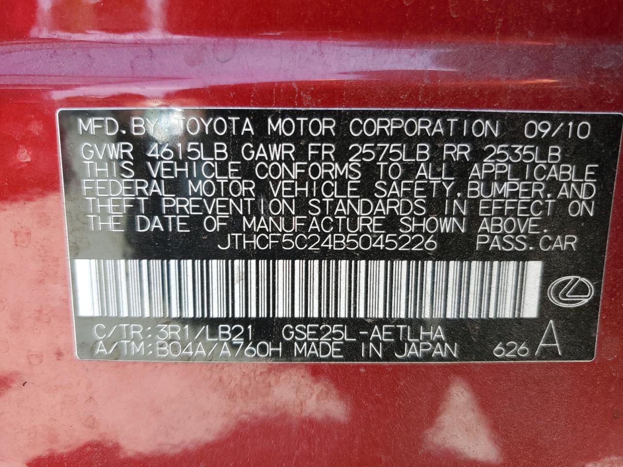 2011 Lexus Is 250 VIN: JTHCF5C24B5045226 Lot: 59052945