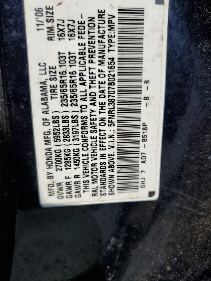 2007 Honda Odyssey Exl VIN: 5FNRL38707B021654 Lot: 62757095