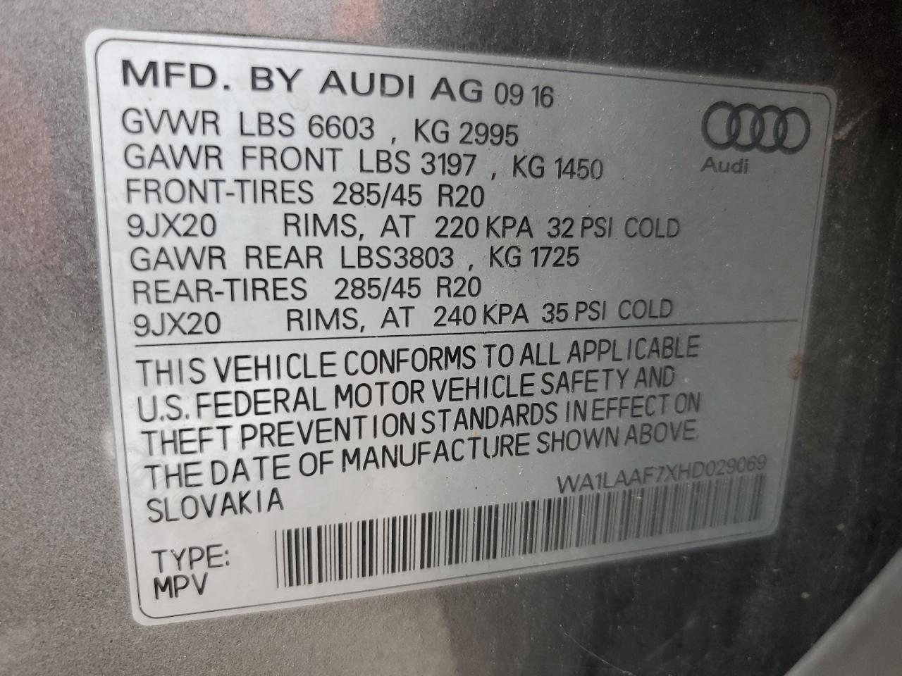 2017 Audi Q7 Premium Plus VIN: WA1LAAF7XHD029069 Lot: 62902435
