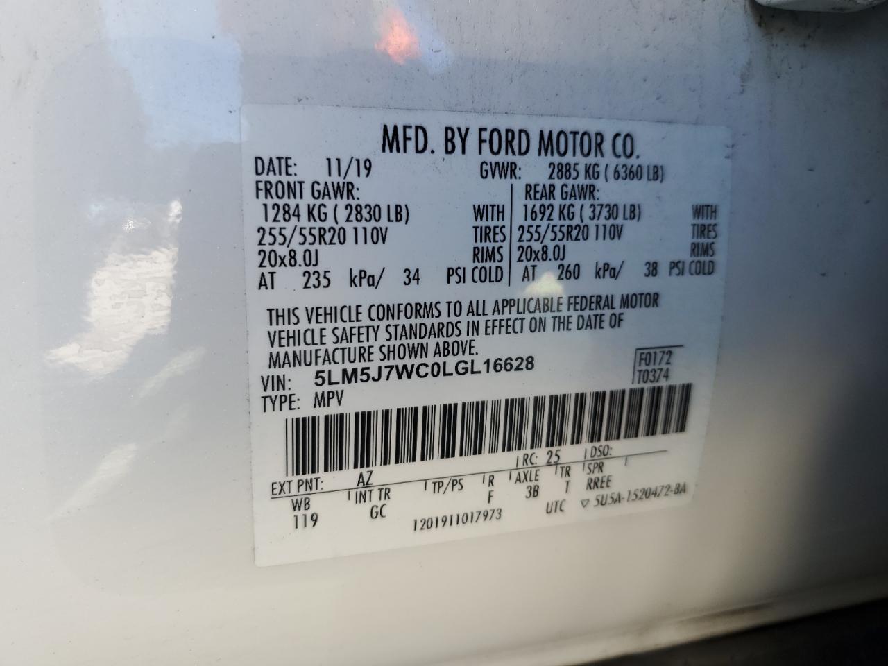 2020 Lincoln Aviator Reserve VIN: 5LM5J7WC0LGL16628 Lot: 62344245