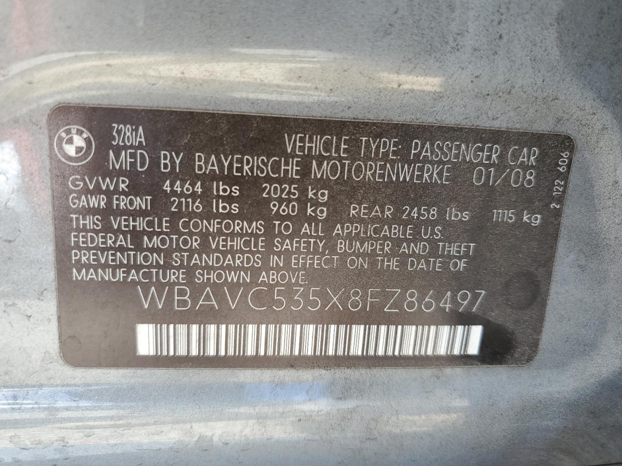 BMW 3 SERIES 2008 VIN WBAVC535X8FZ86497 zdjęcie 12