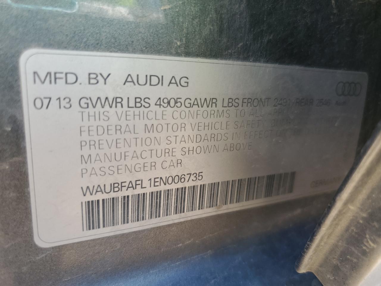 2014 Audi A4 Premium VIN: WAUBFAFL1EN006735 Lot: 61991385
